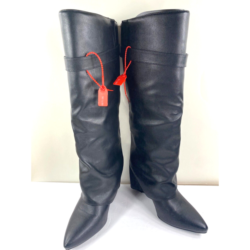 Azalea Wang Melina Pointy Toe Wedge Heel Cuffed Tall Boots in Black size 8 NWOB